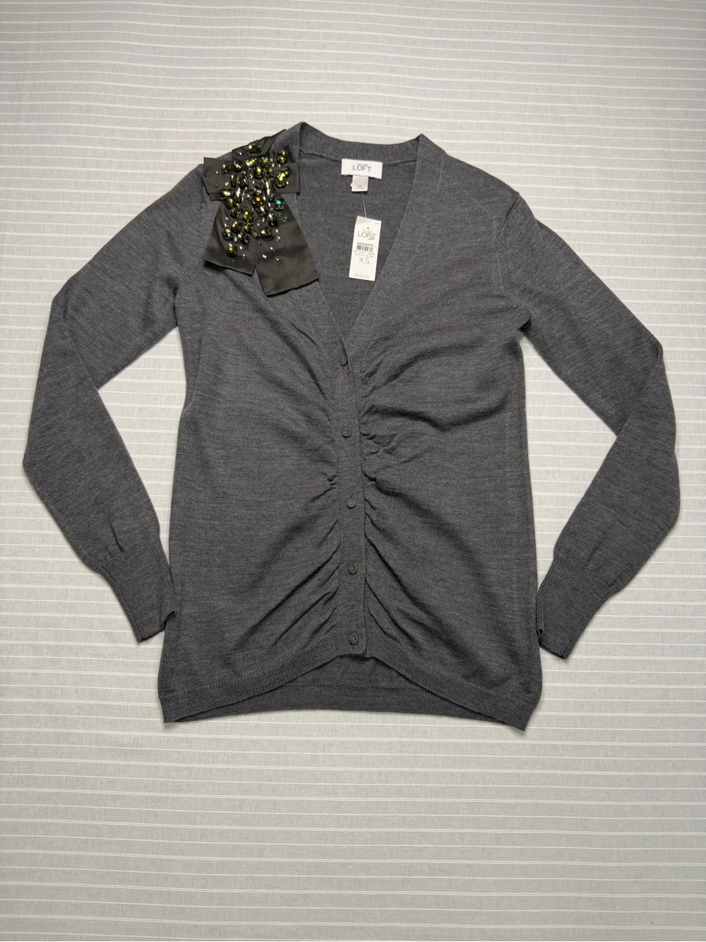 ✨ LOFT Jeweled Bow Ruched Cardigan – XS – NWT